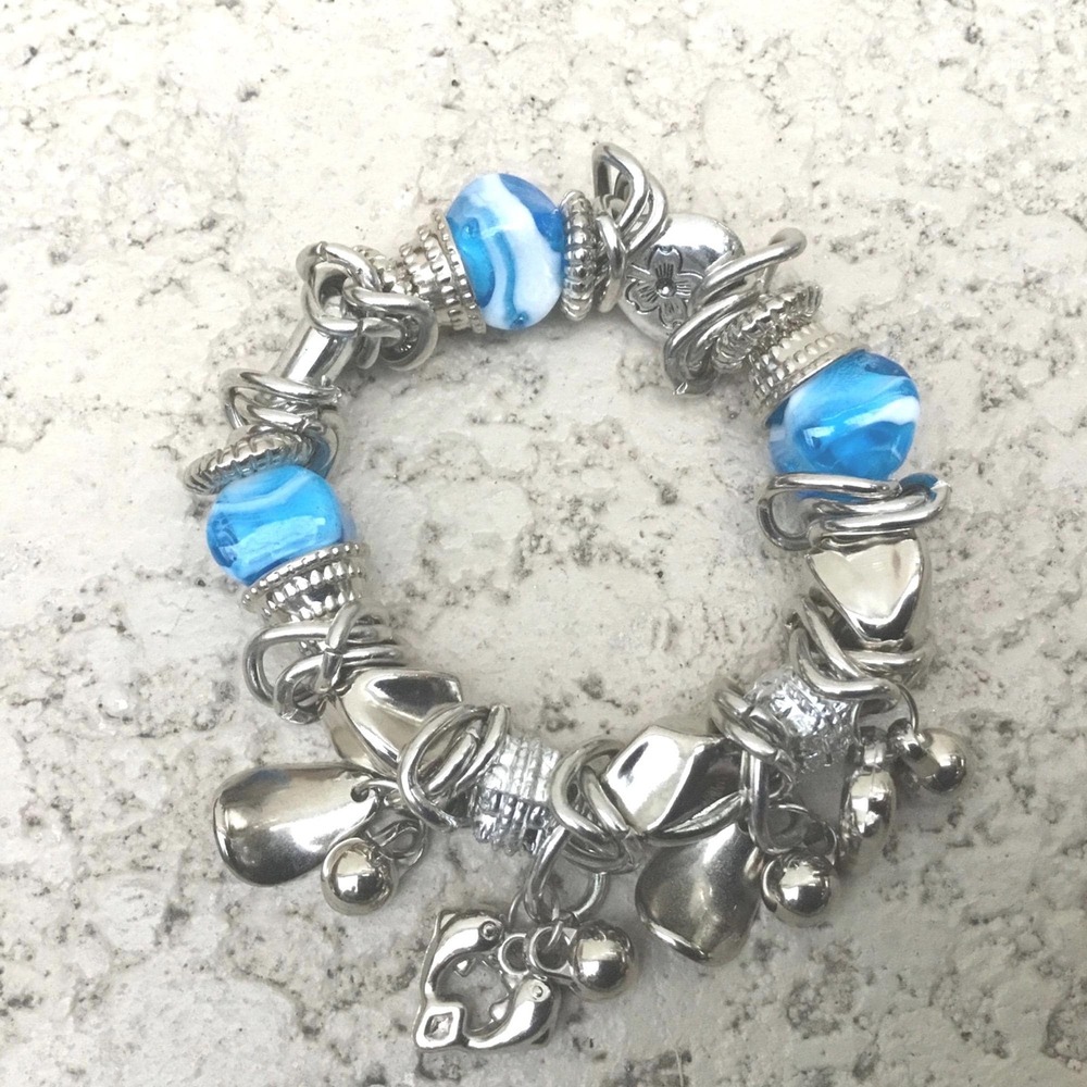 Silver Charm Bracelet With Blue Glass Beads & Heart Details Stretch Fit Womens J